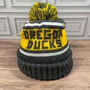 Oregon Ducks Knit Beanie Pom Hat Gray Yellow White Logo One Size Fit USA Made